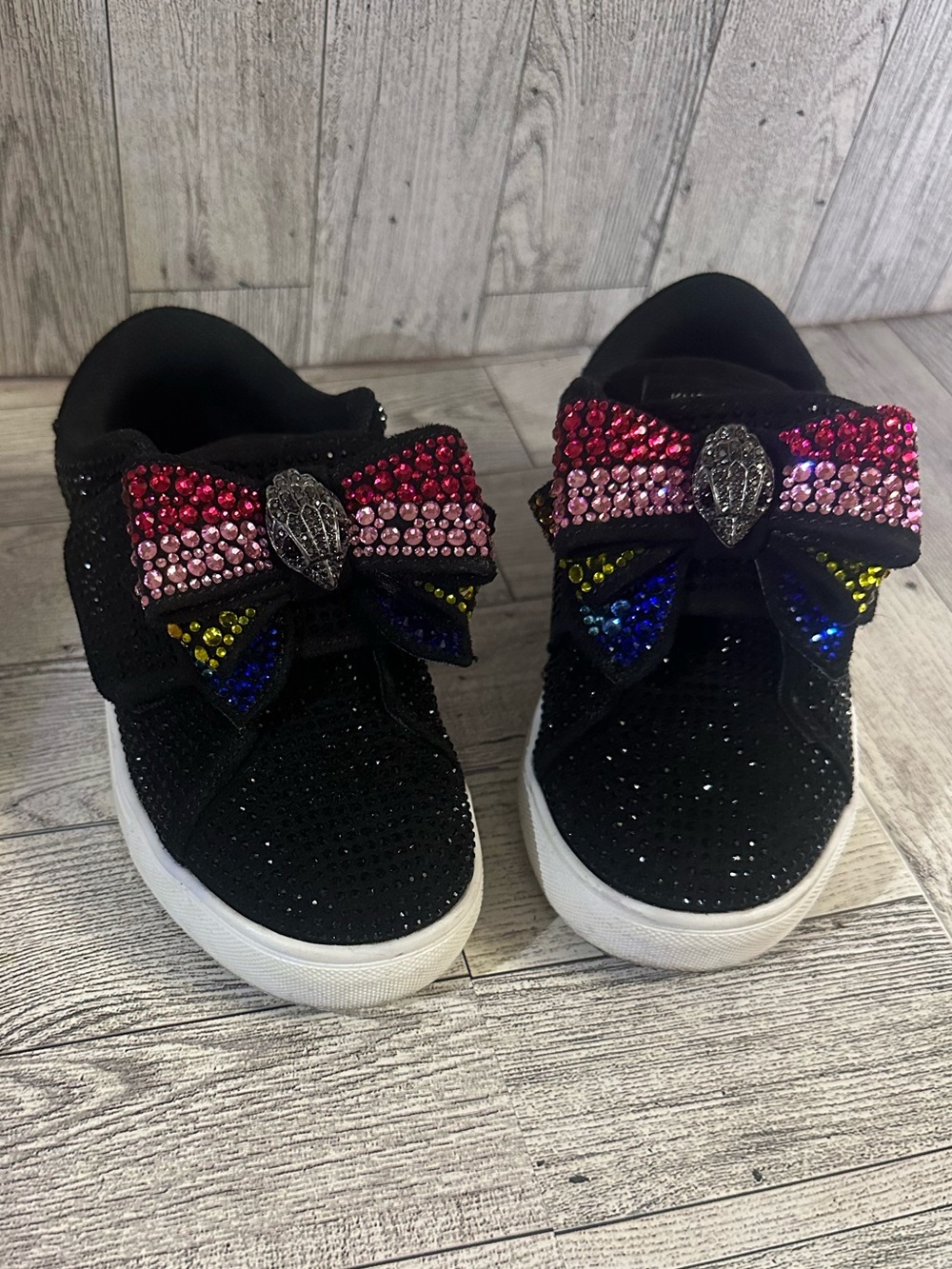 Kurt Geiger Black Kids Slip-On Sneakers with Pink and Blue Crystal Bow
